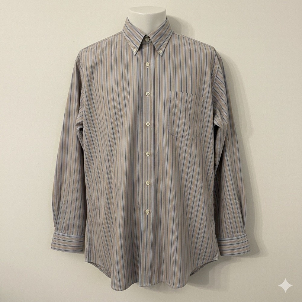 Brooks Brothers 346 Shirt XL Blue Tan Striped Non-Iron Button‎ Down Preppy